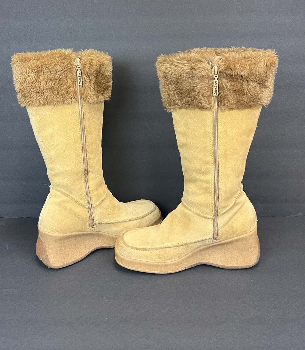 Skechers Y2K Tan Suede Fur-Lined Wedge Knee High Boots SN 45470 Size 10